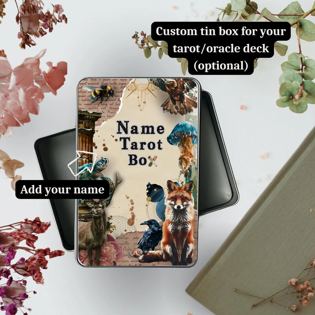 Photo of the customizable tin box designed for the Scrapbook of Animal Spirit Oracle Deck, featuring a whimsical, collage-style animal design. This tin box is perfect for storing your spirit animal oracle cards safely while on the go. A stylish, protective case for spiritual readers, empaths, and energy workers.
