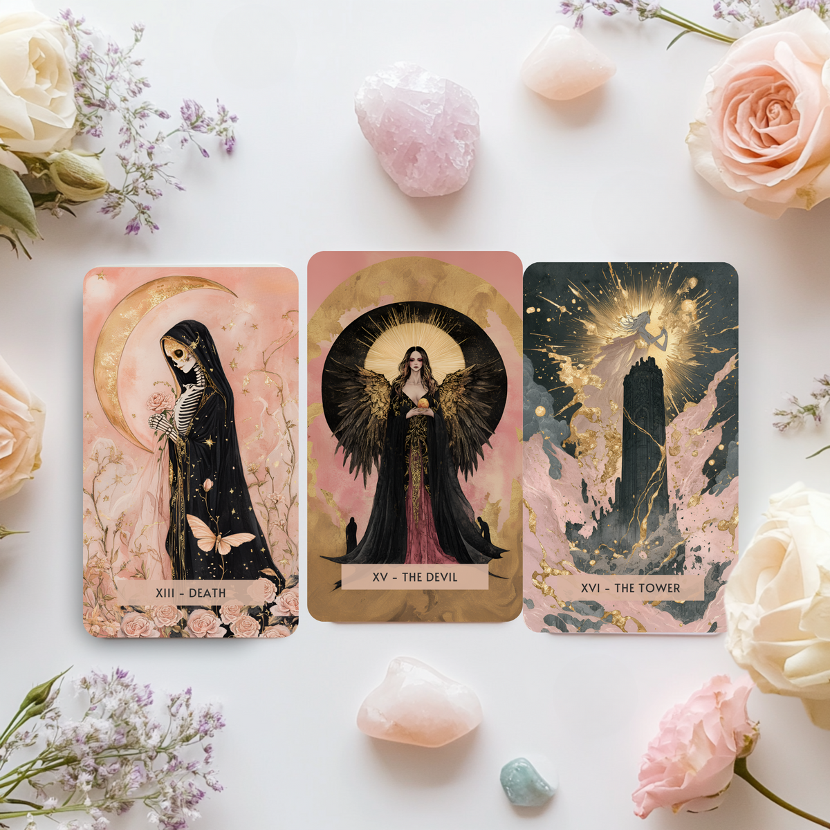 A feminine hand holding the Sacred Femme Tarot Deck, capturing a sacred moment of connection, intention, and trust in intuition. This 78-card deck invites you to embrace your inner goddess and step into your spiritual power with grace.