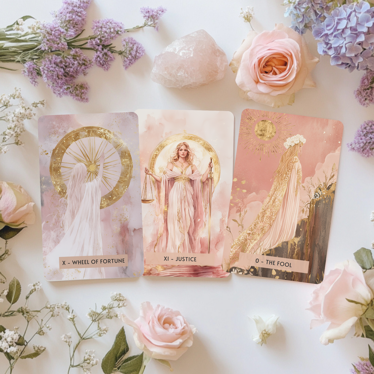 A serene flat lay of the Sacred Femme Tarot Deck in use, with pulled cards arranged for a reading. Ideal for daily tarot pulls, self-reflection, and connecting with your higher self in a feminine, calming space.
